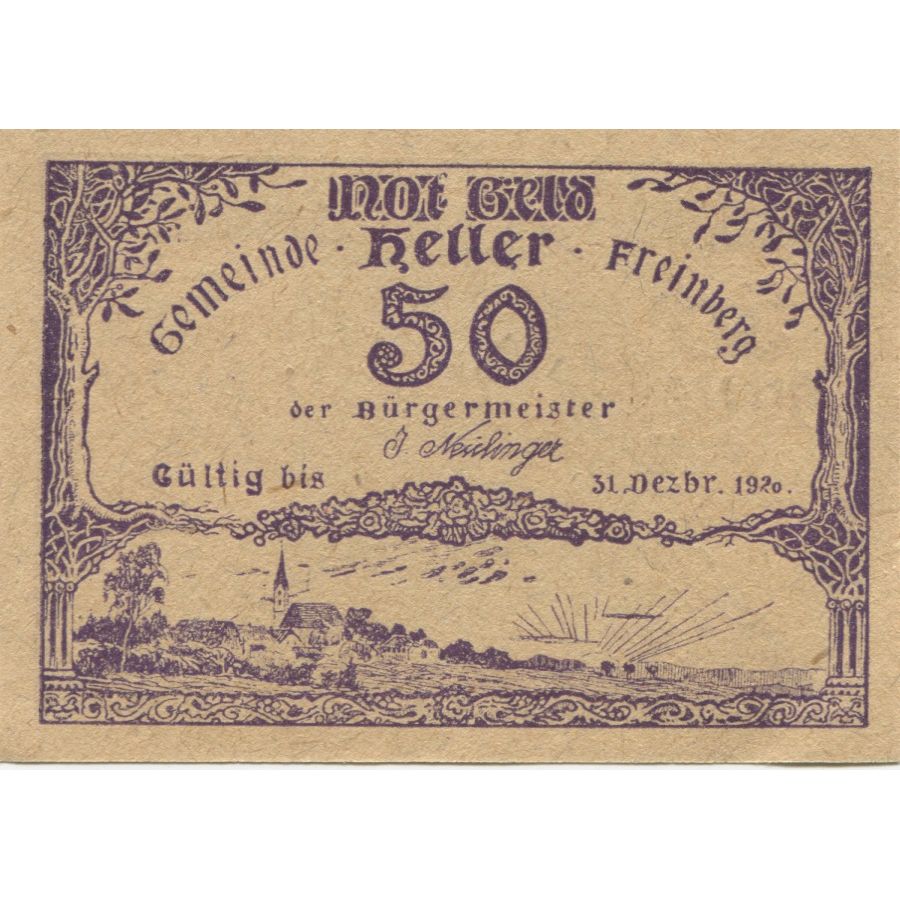 Banknote, Austria, Freinberg, 50 Heller, village, 1920 UNC(63) Mehl:FS 211Ic
