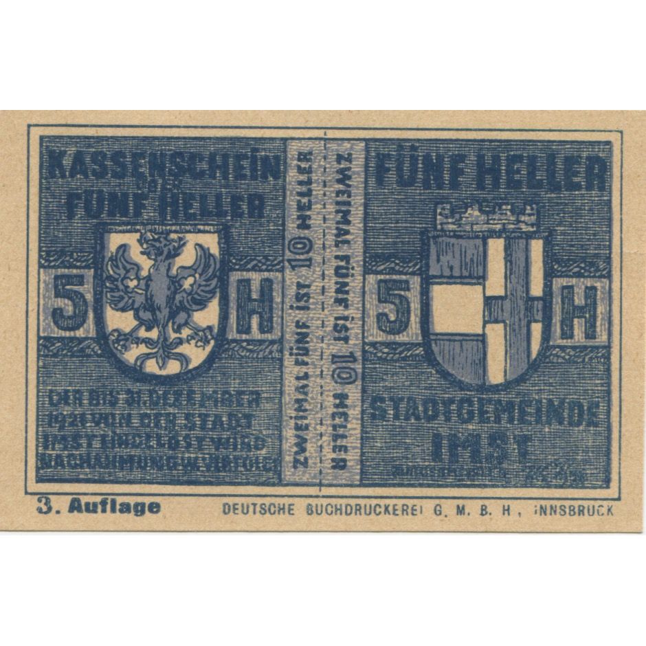 Banknote, Austria, Imst, 5 Heller, Blason 1920-12-31, UNC(63), Mehl:FS 405c