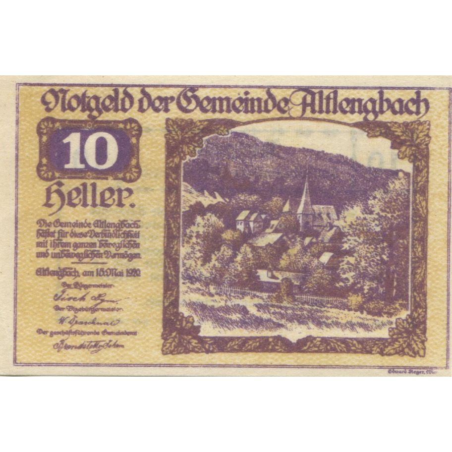 Banknote, Austria, Altlengbach, 10 Heller, paysage, 1920 UNC(63) Mehl:FS 33a