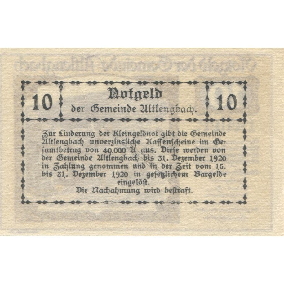 Banknote, Austria, Altlengbach, 10 Heller, paysage, 1920 UNC(63) Mehl:FS 33a