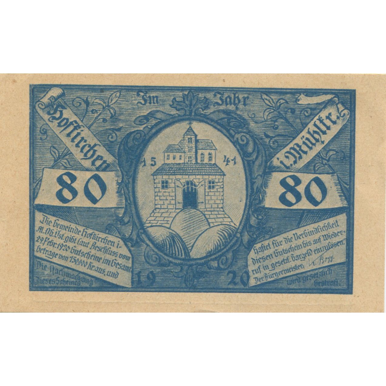 Billete, Austria, Hofkirchen, 80 Heller, Eglise, 1920 SC, Mehl:FS 386Ia1