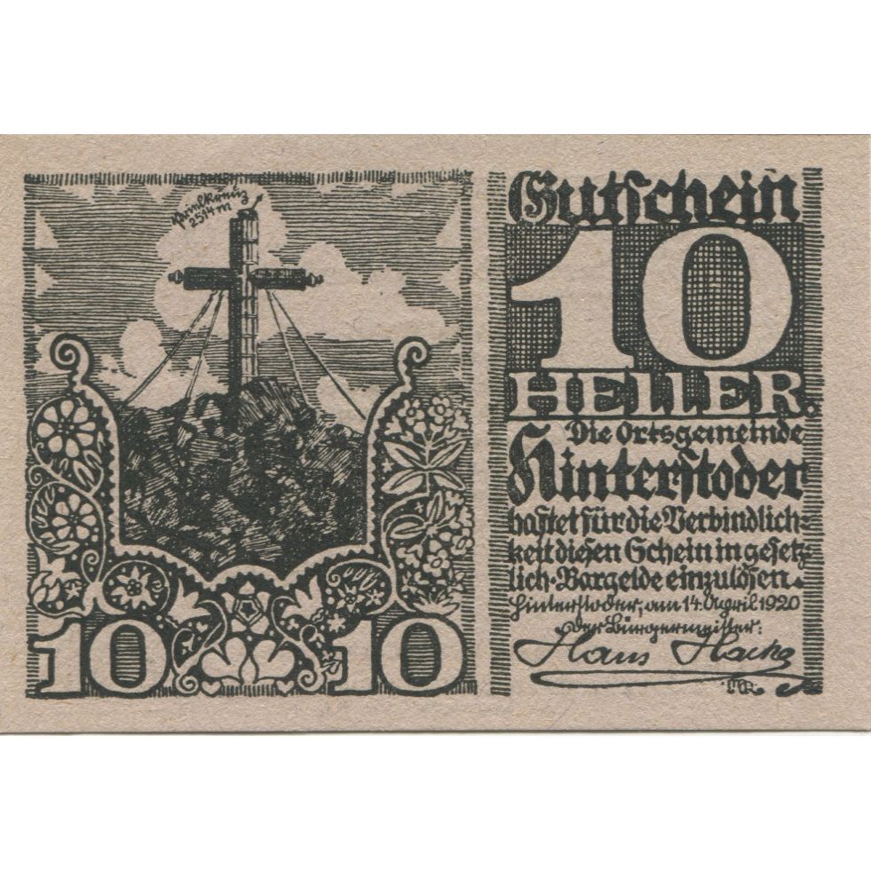 Geldschein, Österreich, Hinterstoder, 10 Heller, Monument 1920 UNZ- Mehl:FS 377a