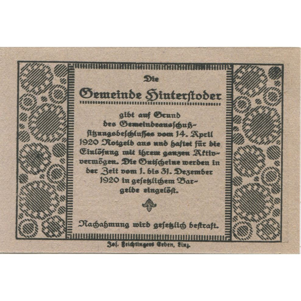 Geldschein, Österreich, Hinterstoder, 10 Heller, Monument 1920 UNZ- Mehl:FS 377a