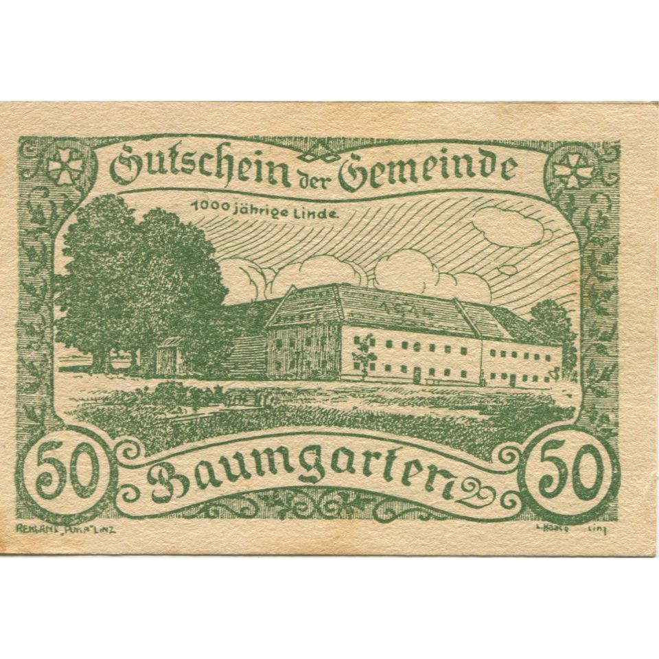Geldschein, Österreich, Baumgarten, 50 Heller, château, 1921 VZ Mehl:FS 78b