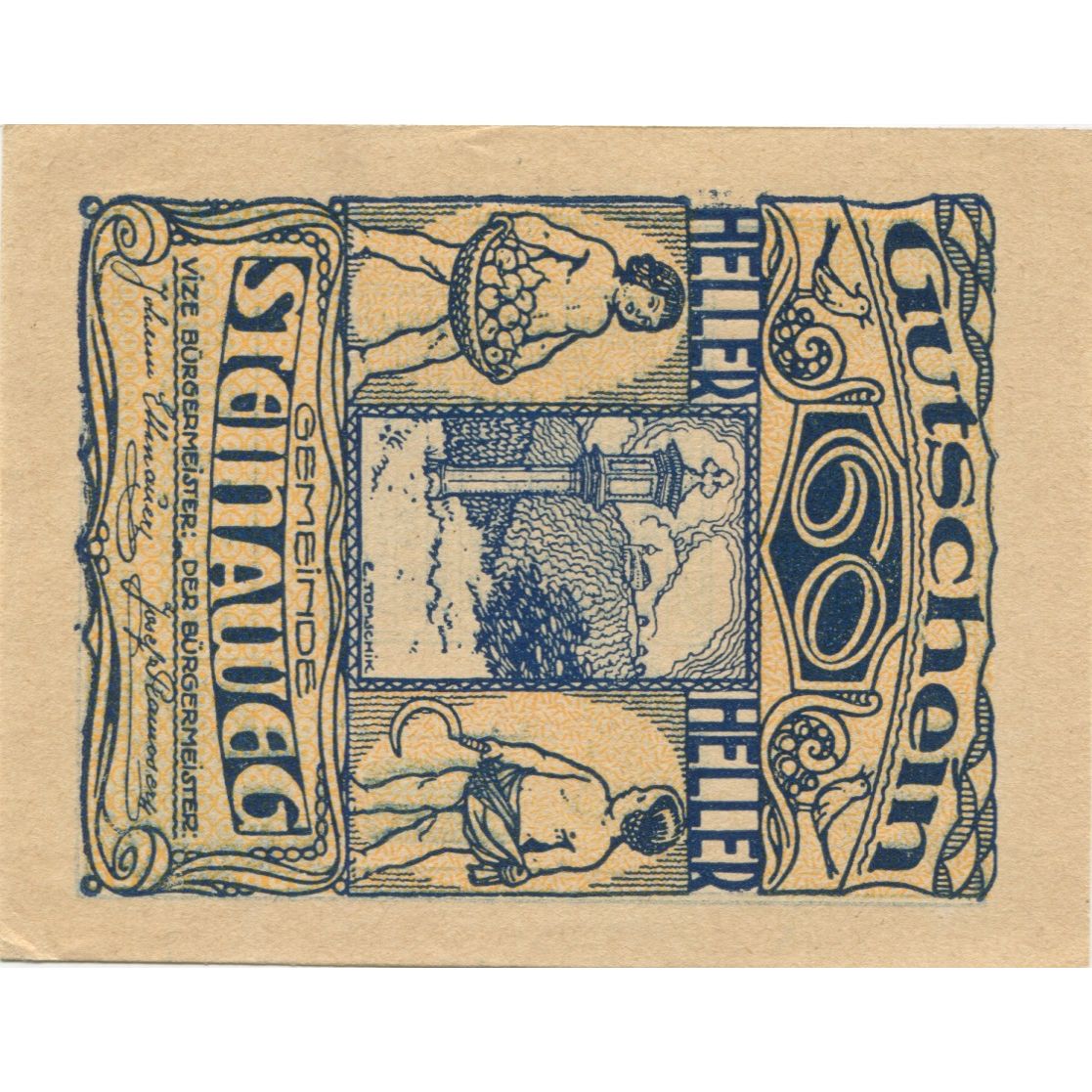 Geldschein, Österreich, Steinaweg, 60 Heller, personnage, 1920 UNZ- Mehl:FS 1023
