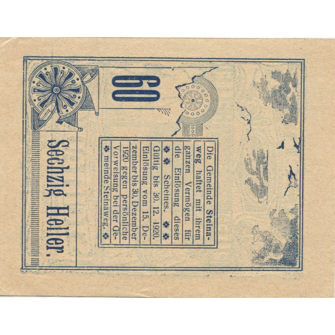 Geldschein, Österreich, Steinaweg, 60 Heller, personnage, 1920 UNZ- Mehl:FS 1023