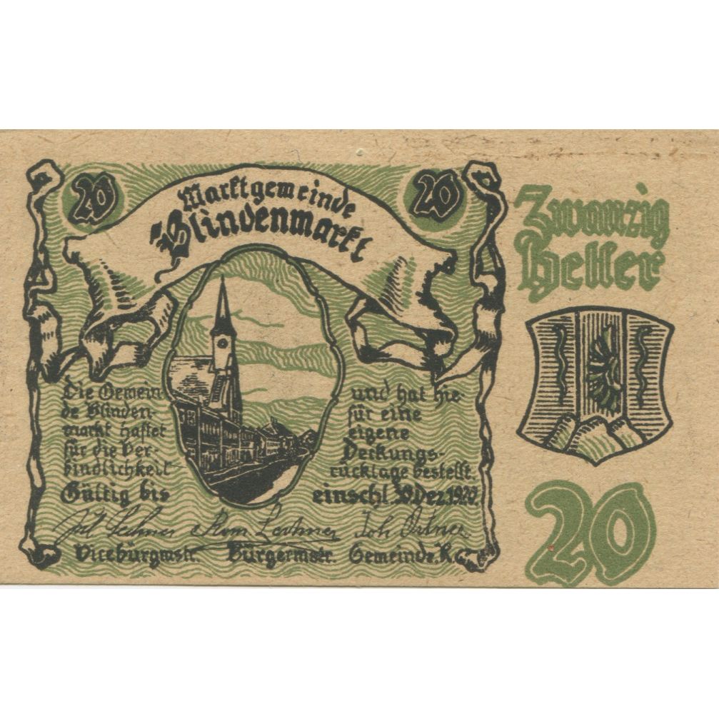 Banknote, Austria, Blindenmarkt, 20 Heller, Blason, 1920 UNC(63) Mehl:FS 93IIa