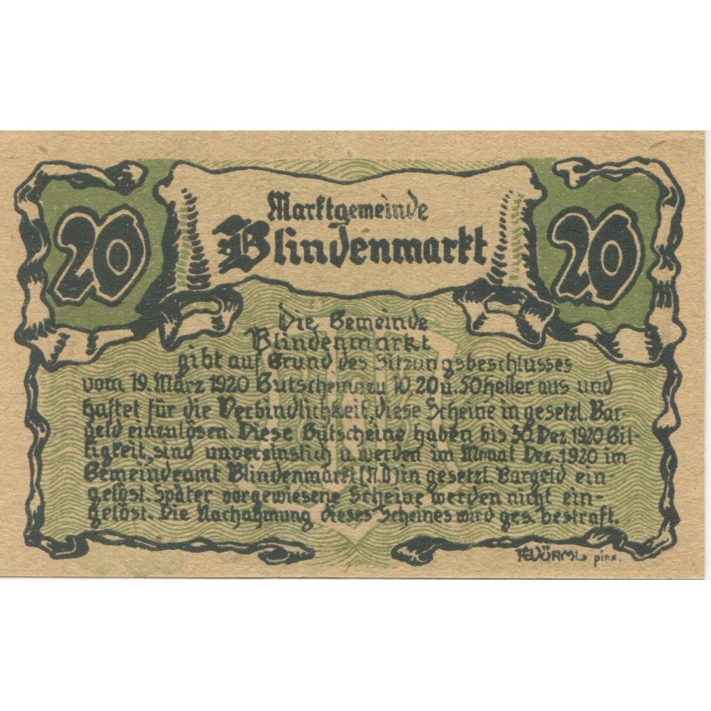 Banknote, Austria, Blindenmarkt, 20 Heller, Blason, 1920 UNC(63) Mehl:FS 93IIa