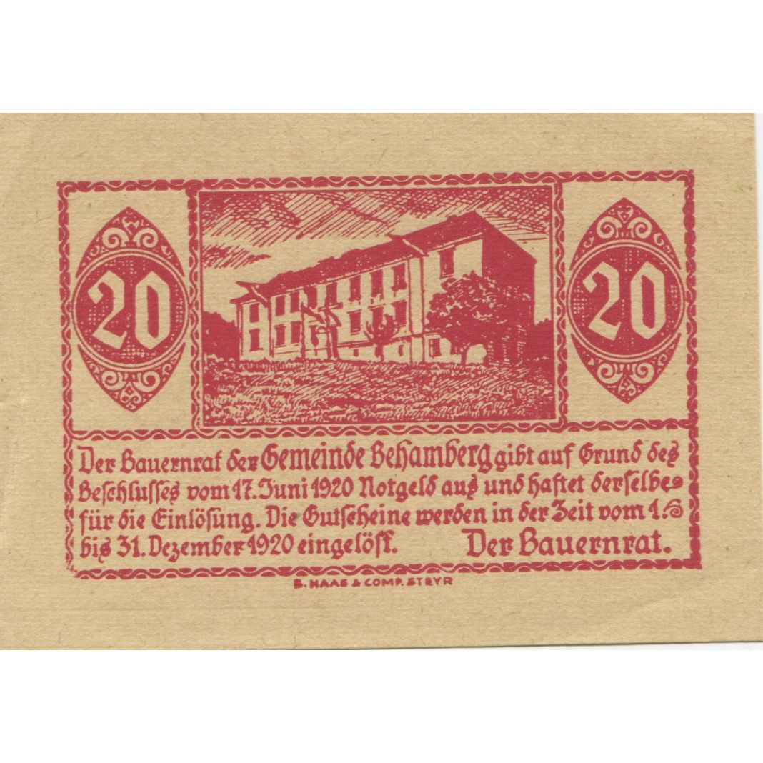 Geldschein, Österreich, Behamberg, 20 Heller, château, 1920 UNZ- Mehl:FS 80a