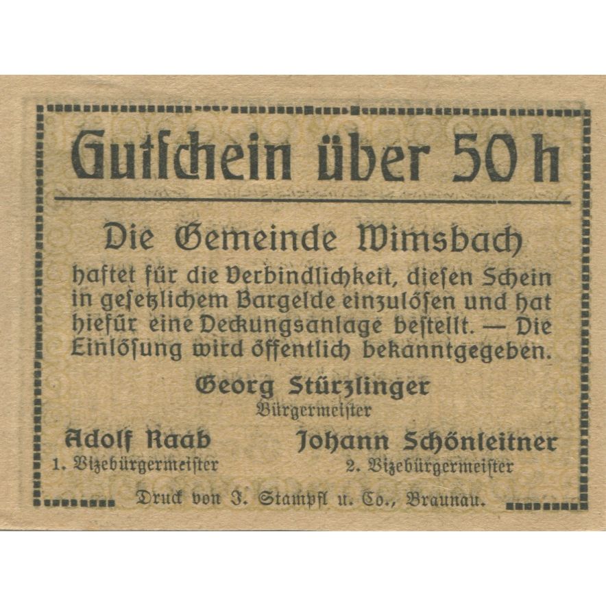 Banknote, Austria, Wimsbach, 50 Heller, Eglise, 1920, UNC(63), Mehl:FS 1240aA