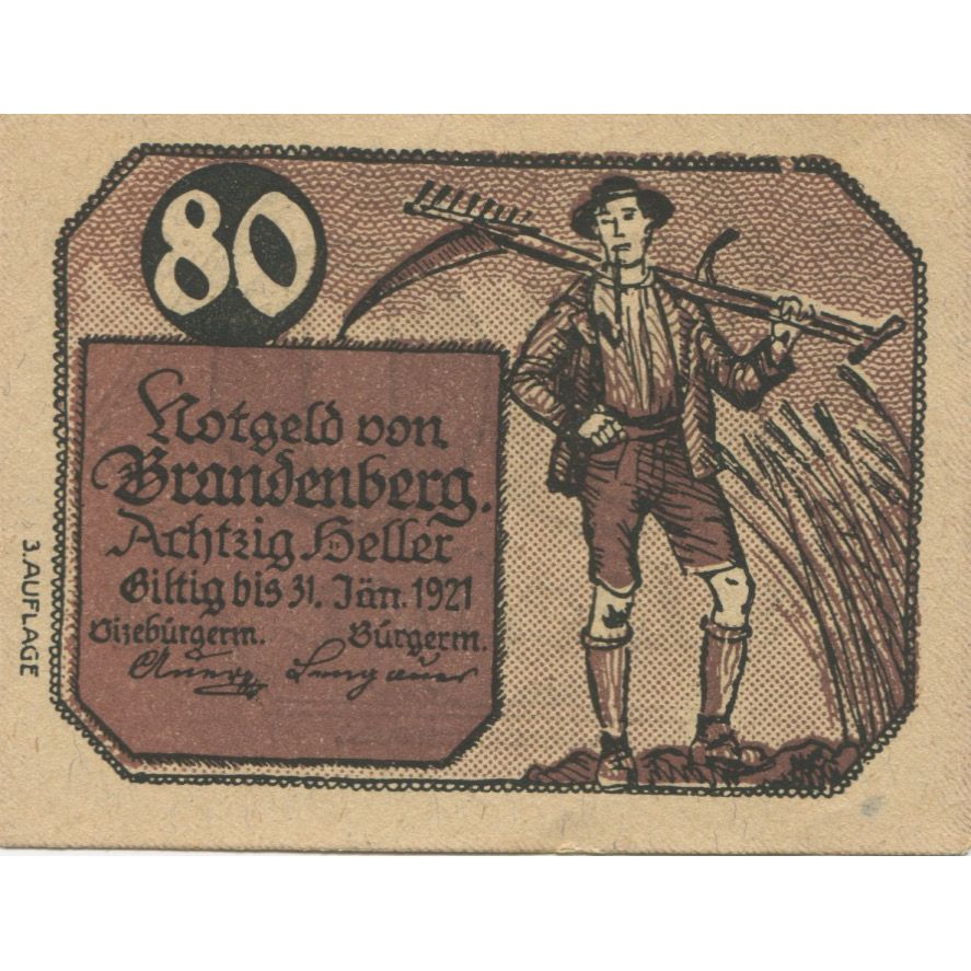 Banknote, Austria, Brandenberg, 80 Heller, champs, 1920, UNC(63) Mehl:FS 99c