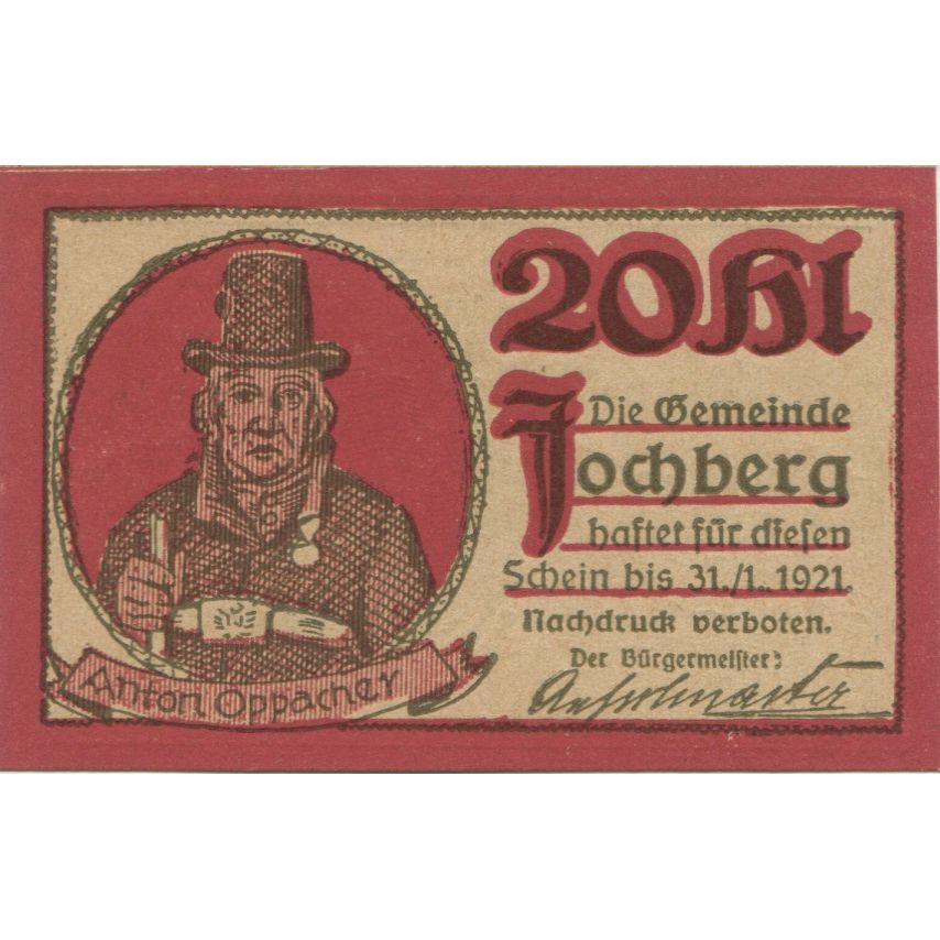 Banknote, Austria, Jochberg, 20 Heller, personnage, 1921 UNC(63) Mehl:FS 419b