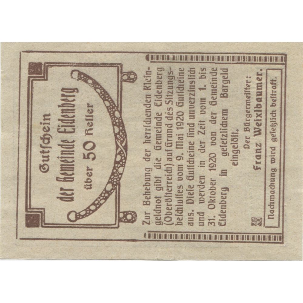 Banknote, Austria, Eidenberg, 50 Heller, Monument, 1920 UNC(63) Mehl:FS 168Ia