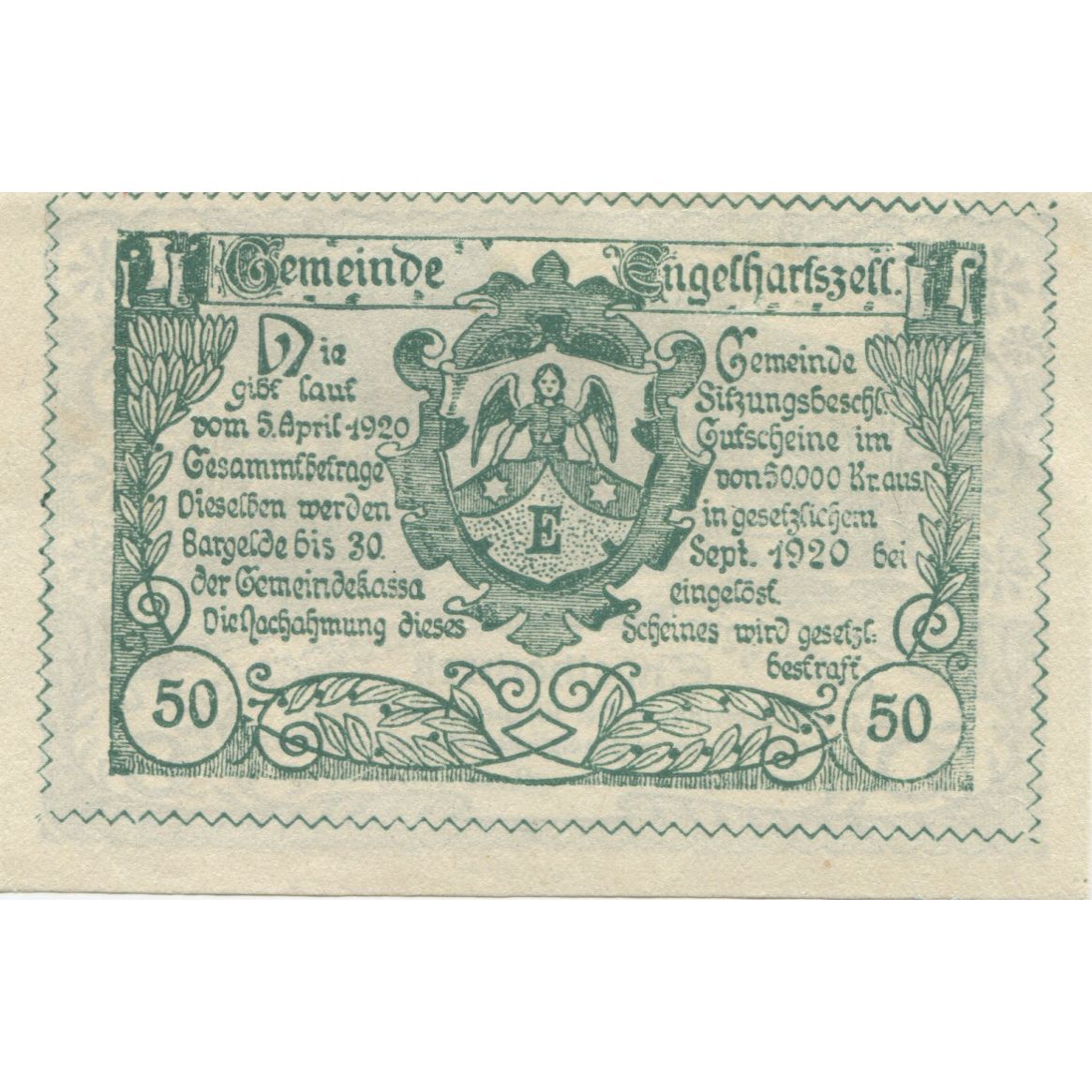 Geldschein, Österreich, Engelhartszell, 50Heller montagne 1920 UNZ- Mehl:FS 172a