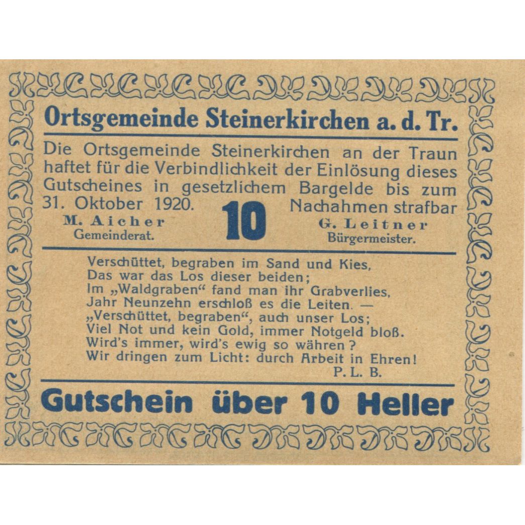 Banknote Austria Steinerkirchen 10Heller, portrait 1920 UNC(63) Mehl:FS 1029IIa