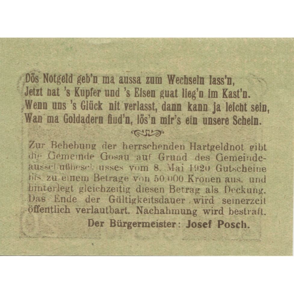 Banknote, Austria, Gosau, 20 Heller, paysage, 1920, UNC(63), Mehl:FS 251