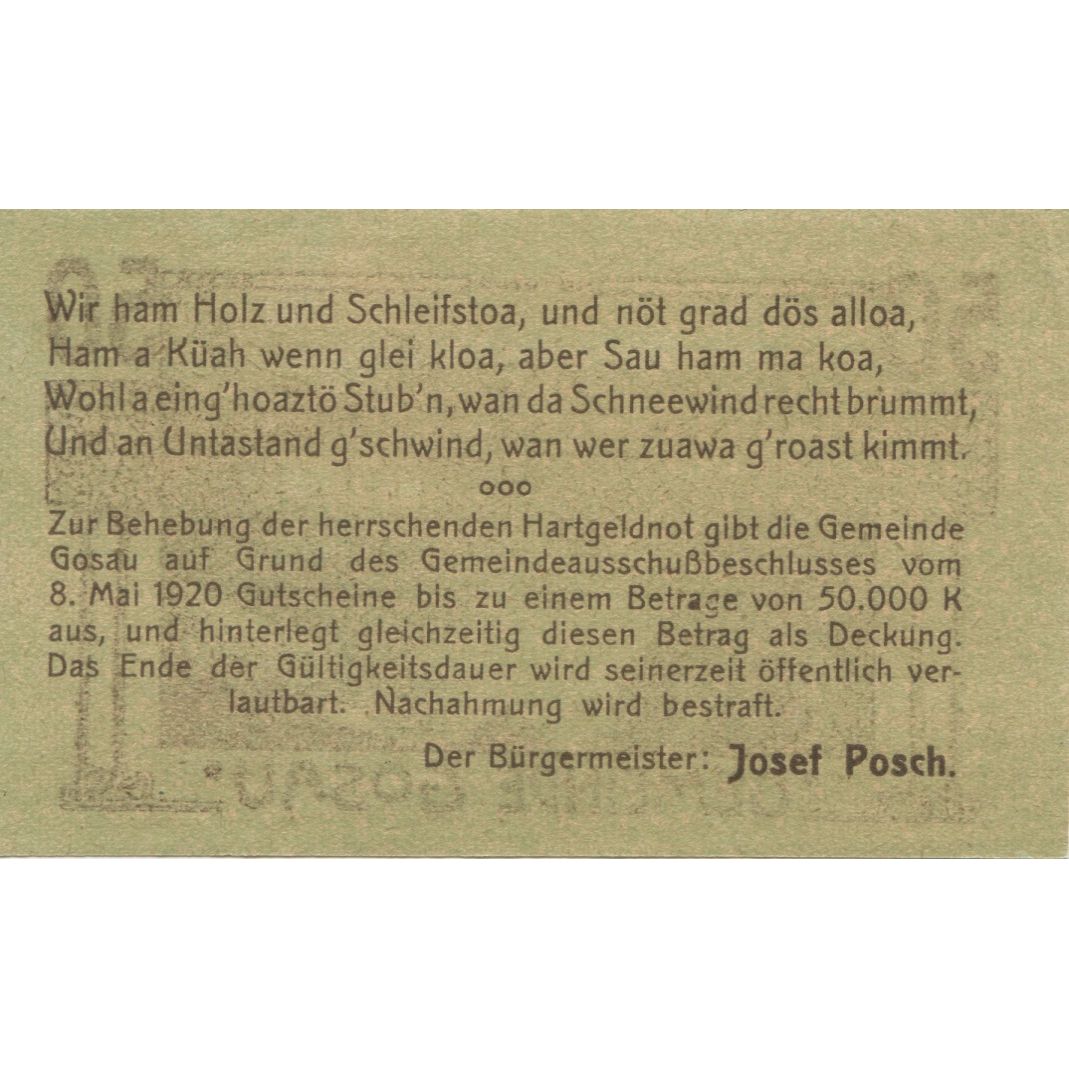 Banknote, Austria, Gosau, 50 Heller, montagne, 1920, UNC(63), Mehl:FS 251
