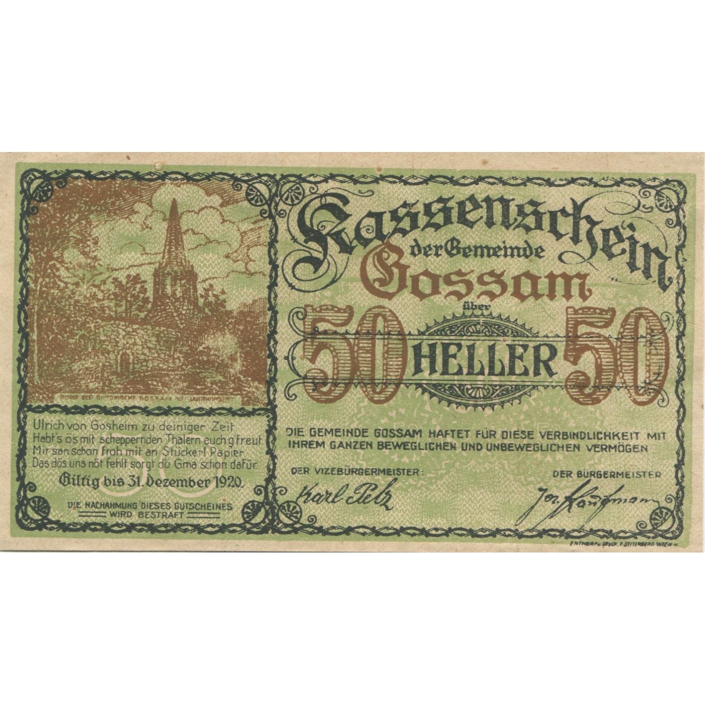 Banknote, Austria, Gossam, 50 Heller, Eglise 1920-12-31, UNC(63), Mehl:FS 252b
