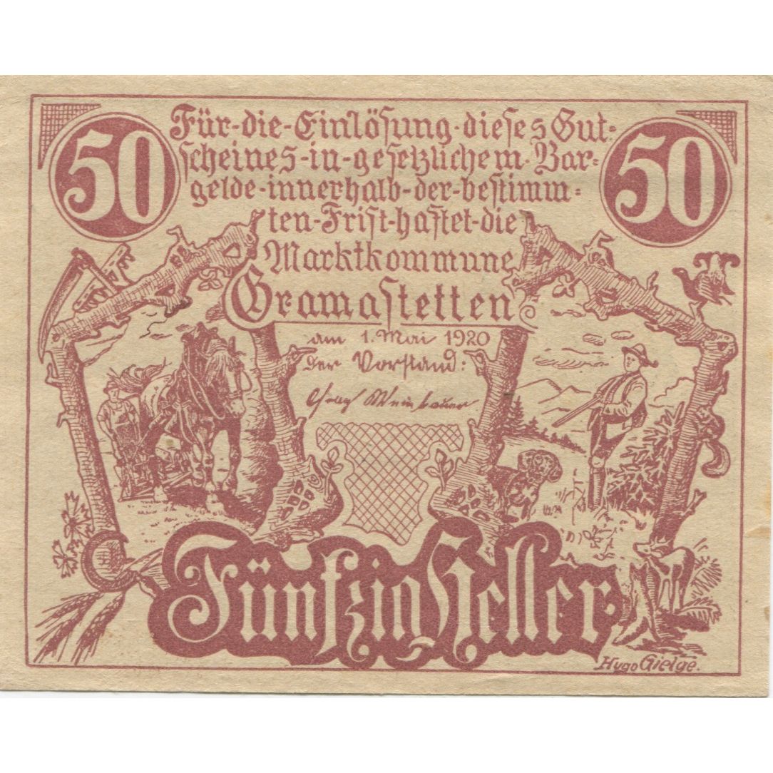 Geldschein, Österreich, Gramastetten, 50 Heller, paysage, 1920 UNZ- Mehl:FS 256