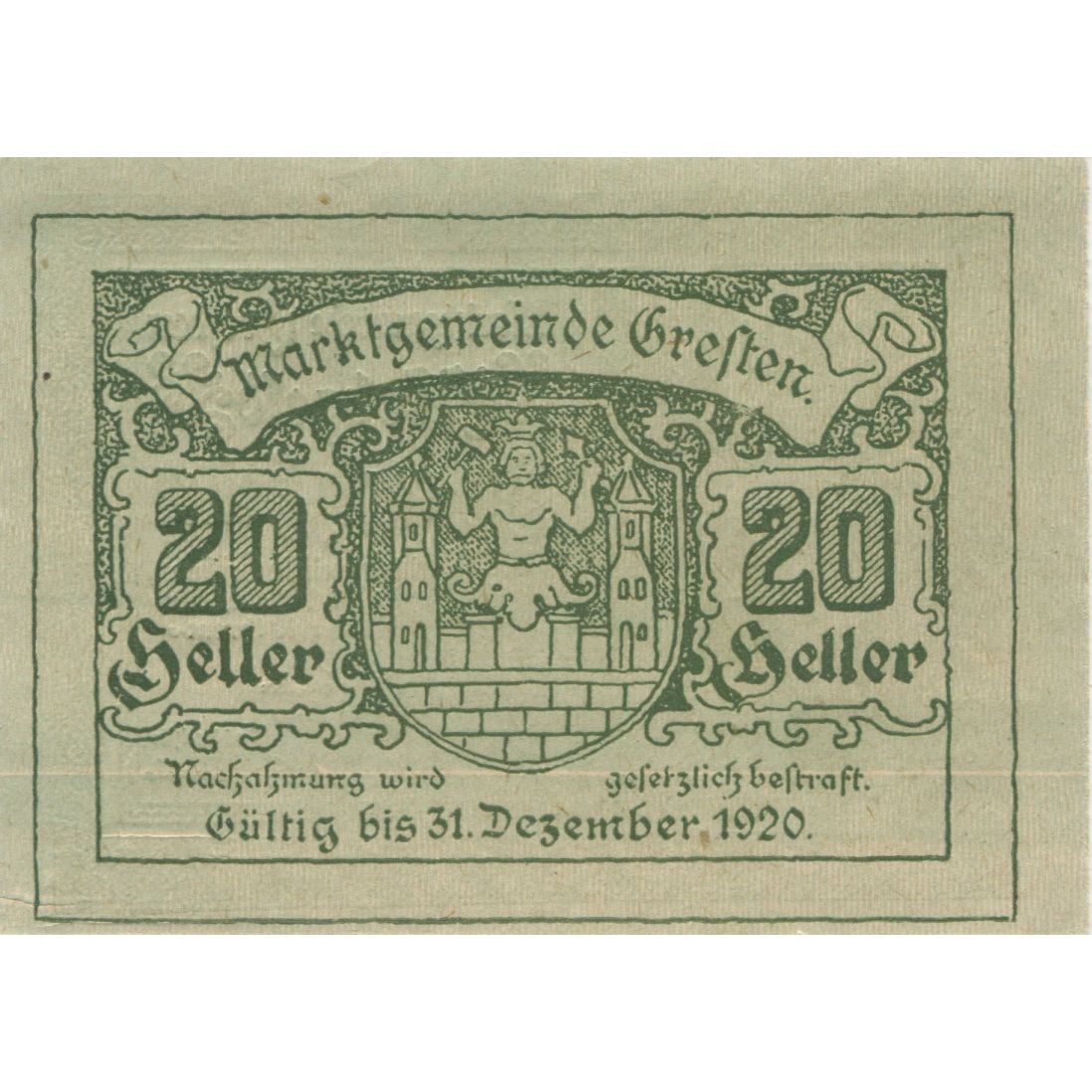 Banknote, Austria, Gresten, 20 Heller, Blason 1920-12-31, UNC(63) Mehl:FS 278Ib