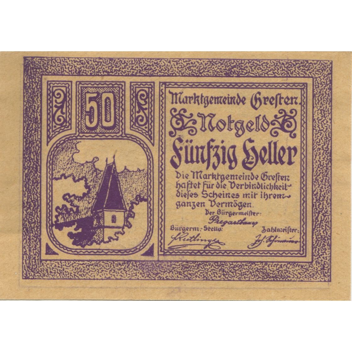 Billet, Autriche, Gresten, 50 Heller, Eglise 1920-12-31, SPL Mehl:FS 278Ib