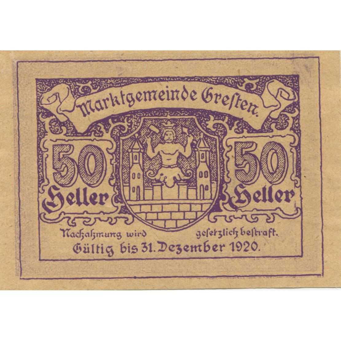 Billet, Autriche, Gresten, 50 Heller, Eglise 1920-12-31, SPL Mehl:FS 278Ib