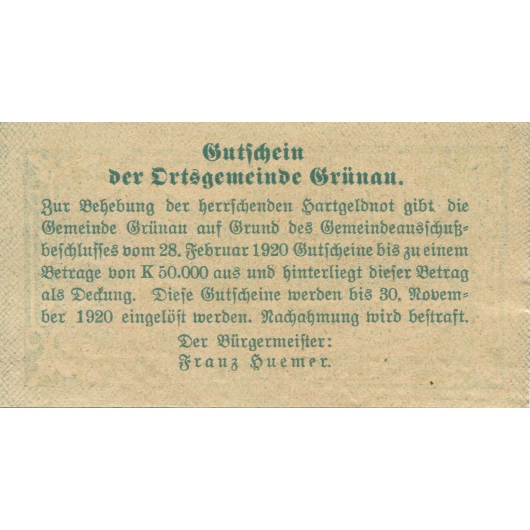 Geldschein, Österreich, Grünau, 20 Heller, village 1920-11-30, UNZ- Mehl:FS 300a