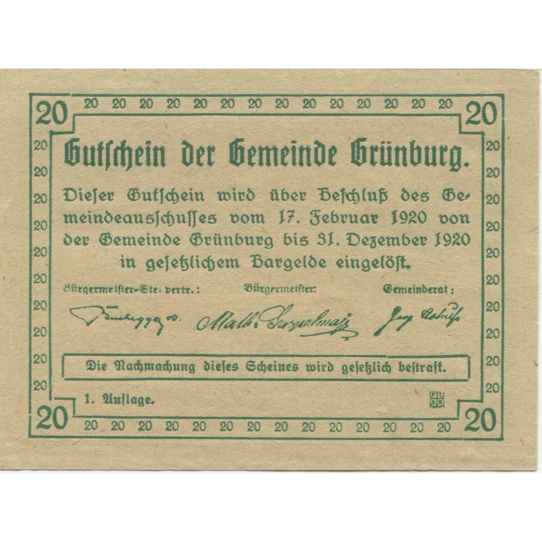Banknote, Austria, Grunburg, 20 Heller, village 1920-12-31 UNC(63) Mehl:FS 303Ia