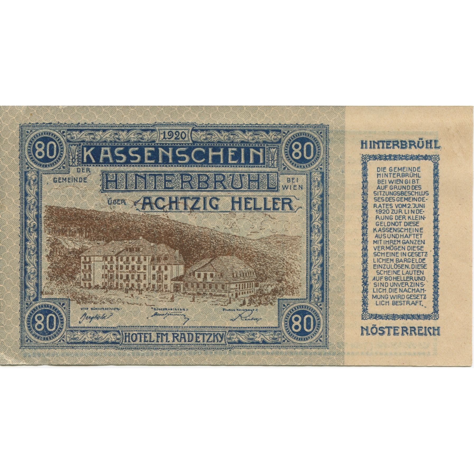 Geldschein, Österreich, Hinterbrühl, 80 Heller, village, 1920 UNZ- Mehl:FS 376II