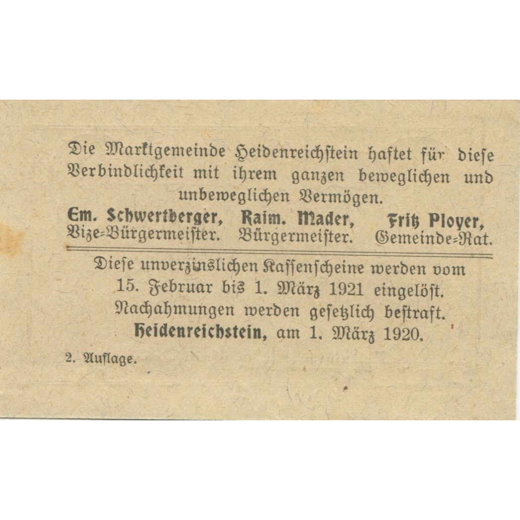 Banknote, Austria Heidenreichstein 50 Heller château 1921 UNC(63) Mehl:FS 360IIa
