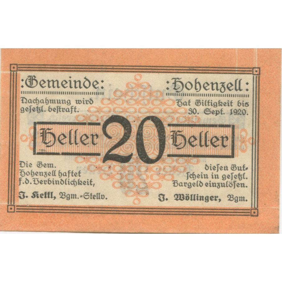 Geldschein, Österreich, Hohenzell, 20 Heller, Texte, 1920, UNZ- Mehl:FS 389I