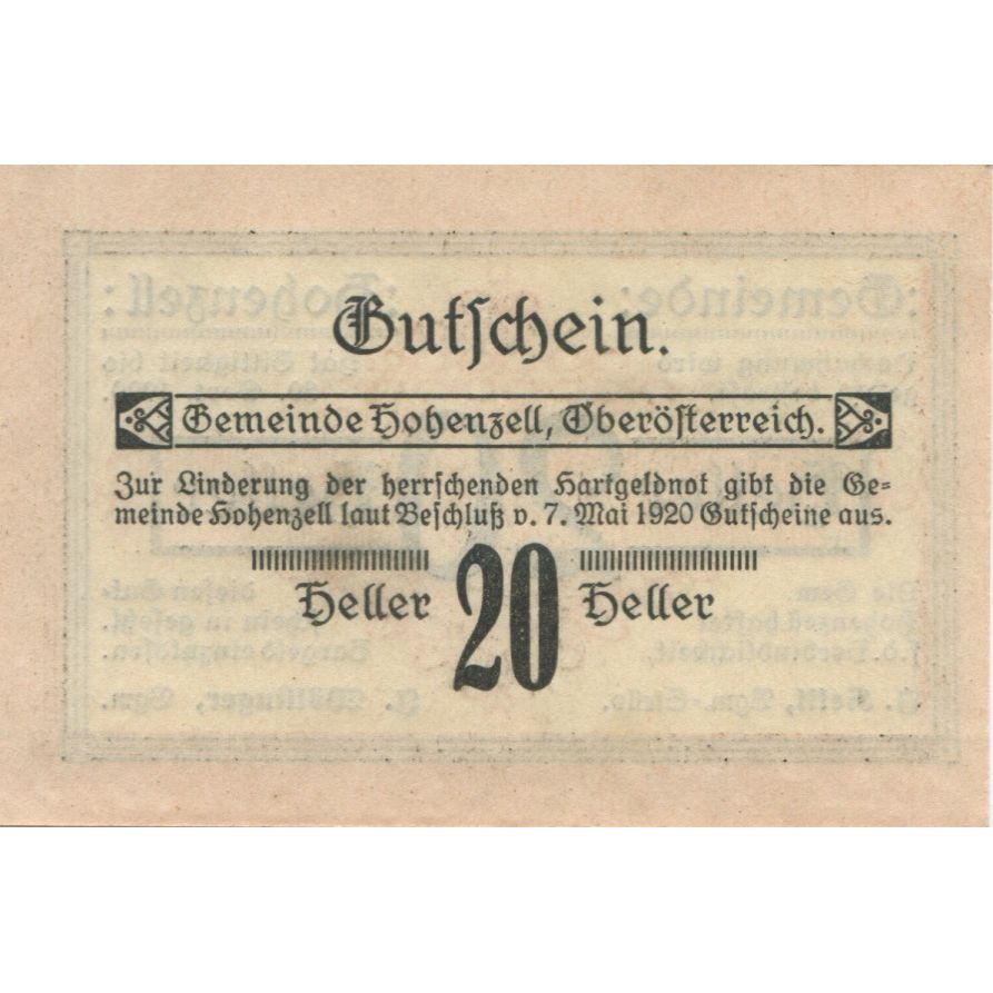 Geldschein, Österreich, Hohenzell, 20 Heller, Texte, 1920, UNZ- Mehl:FS 389I