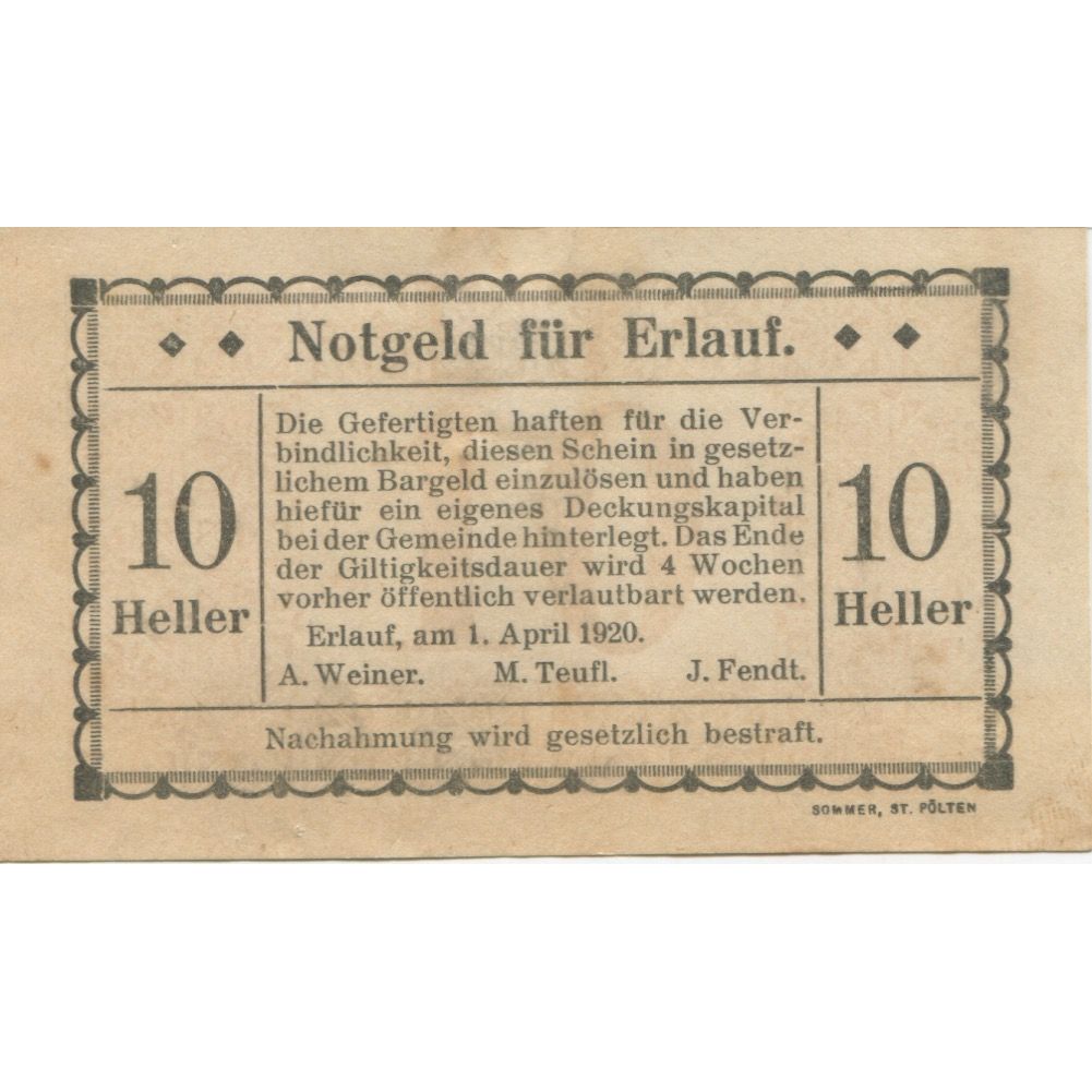 Banknote, Austria, Erlauf, 10 Heller, Texte, 1920, AU(55-58), Mehl:FS 182b