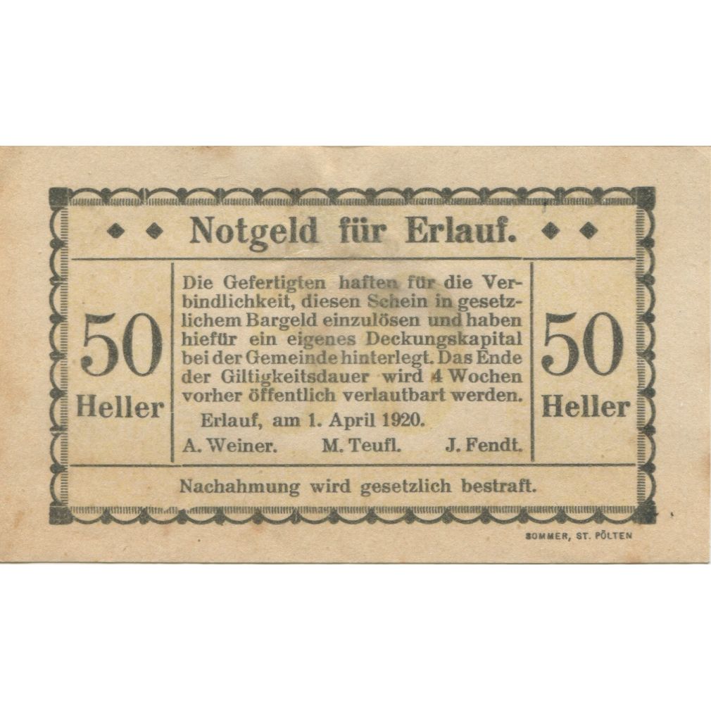 Banknote, Austria, Erlauf, 50 Heller, Texte, 1920, AU(55-58), Mehl:FS 182b