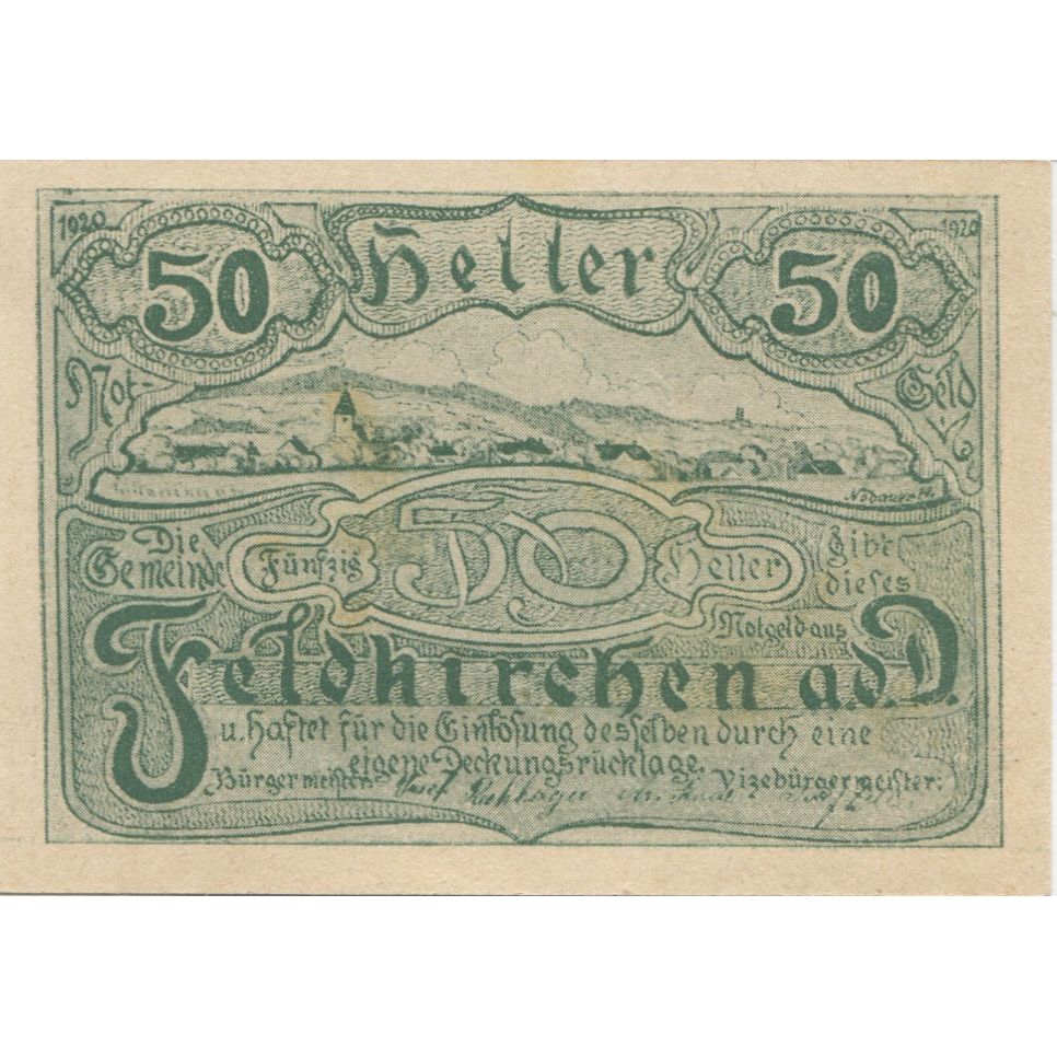 Geldschein, Österreich, Feldkirchen, 50 Heller, paysage 1920, UNZ-, Mehl:FS 197c