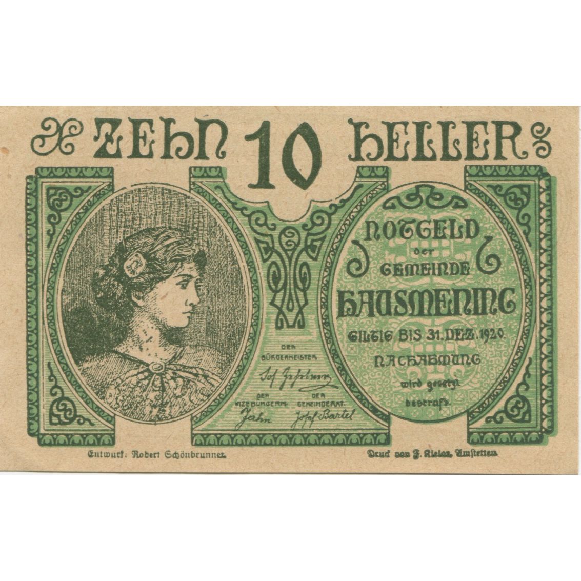 Banknot, Austria, Hausmening, 10 Heller, portrait 1920 UNC(63) Mehl:FS 358Ia