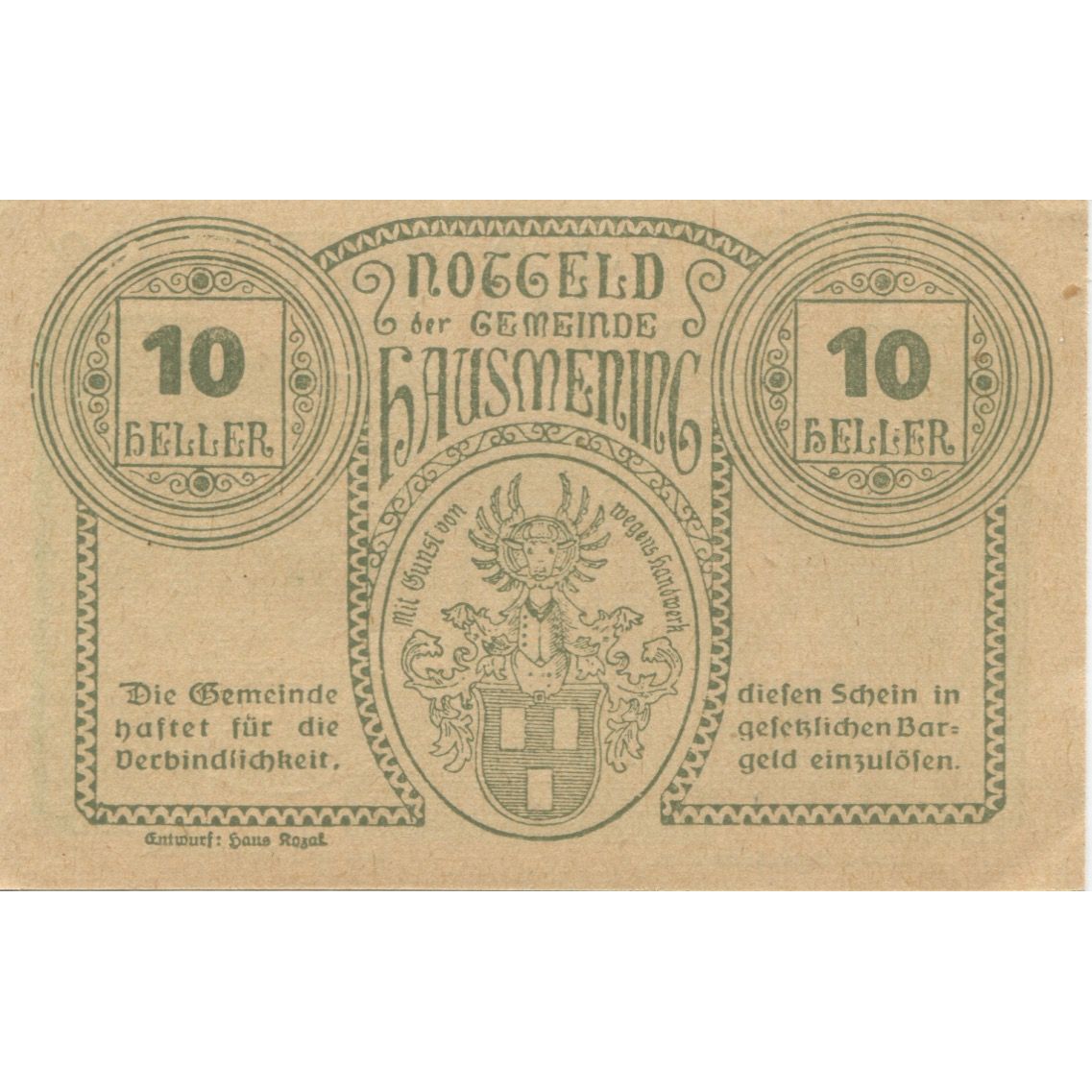 Banknot, Austria, Hausmening, 10 Heller, portrait 1920 UNC(63) Mehl:FS 358Ia