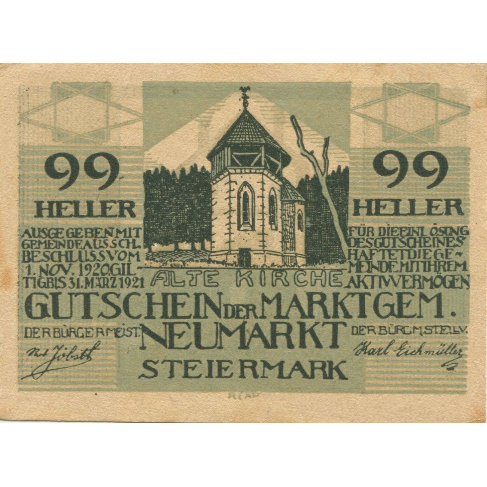 Banknote, Austria, Neumarkt, 99 Heller, Eglise, 1921 UNC(63) Mehl:FS 661a