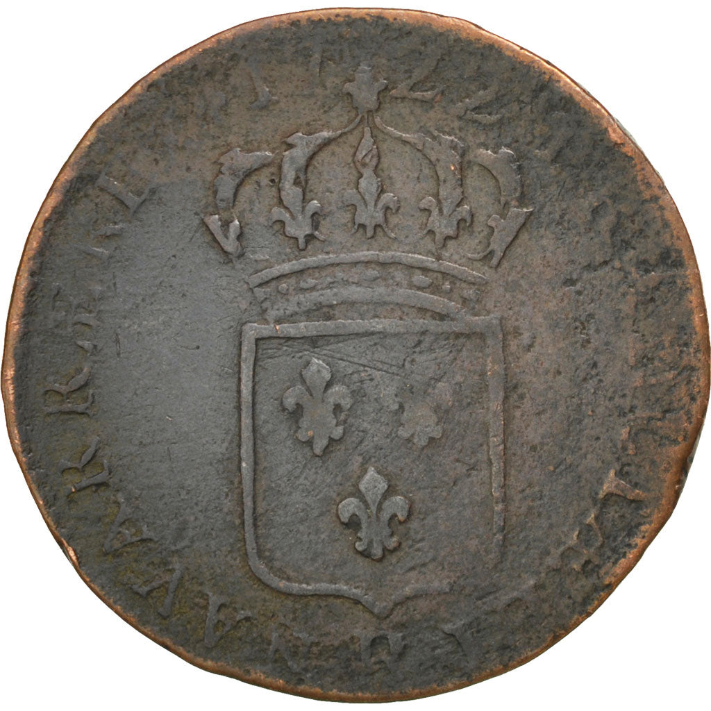FRANCE, 1/2 Sol, 1722, Rouen, F(12-15), Copper, Gadoury #273, 6.76