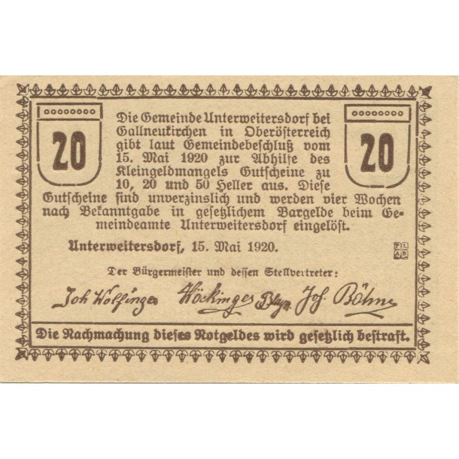 Banknote, Austria, Unterweitersdorf, 20 Heller château 1920 UNC(63) Mehl:FS 1102