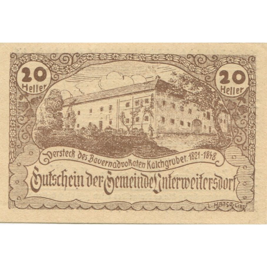Banknote, Austria, Unterweitersdorf, 20 Heller château 1920 UNC(63) Mehl:FS 1102