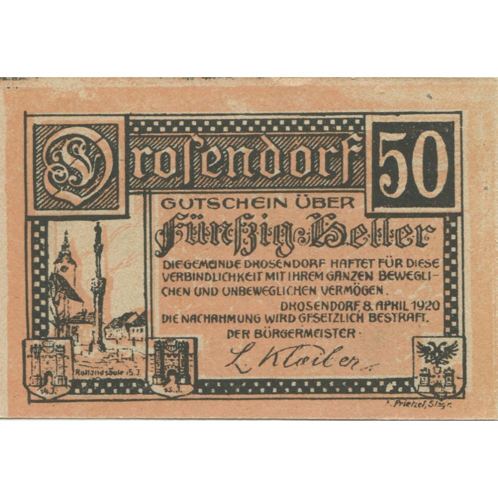 Banknote, Austria, Drosendorf, 50 Heller, Monument, 1920, UNC(63), Mehl:FS 134