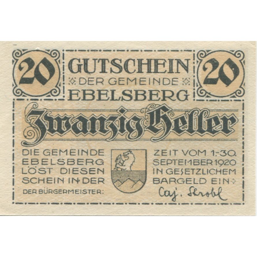 Banknote, Austria, Ebelsberg, 20 Heller, château, 1920 UNC(63) Mehl:FS 140II