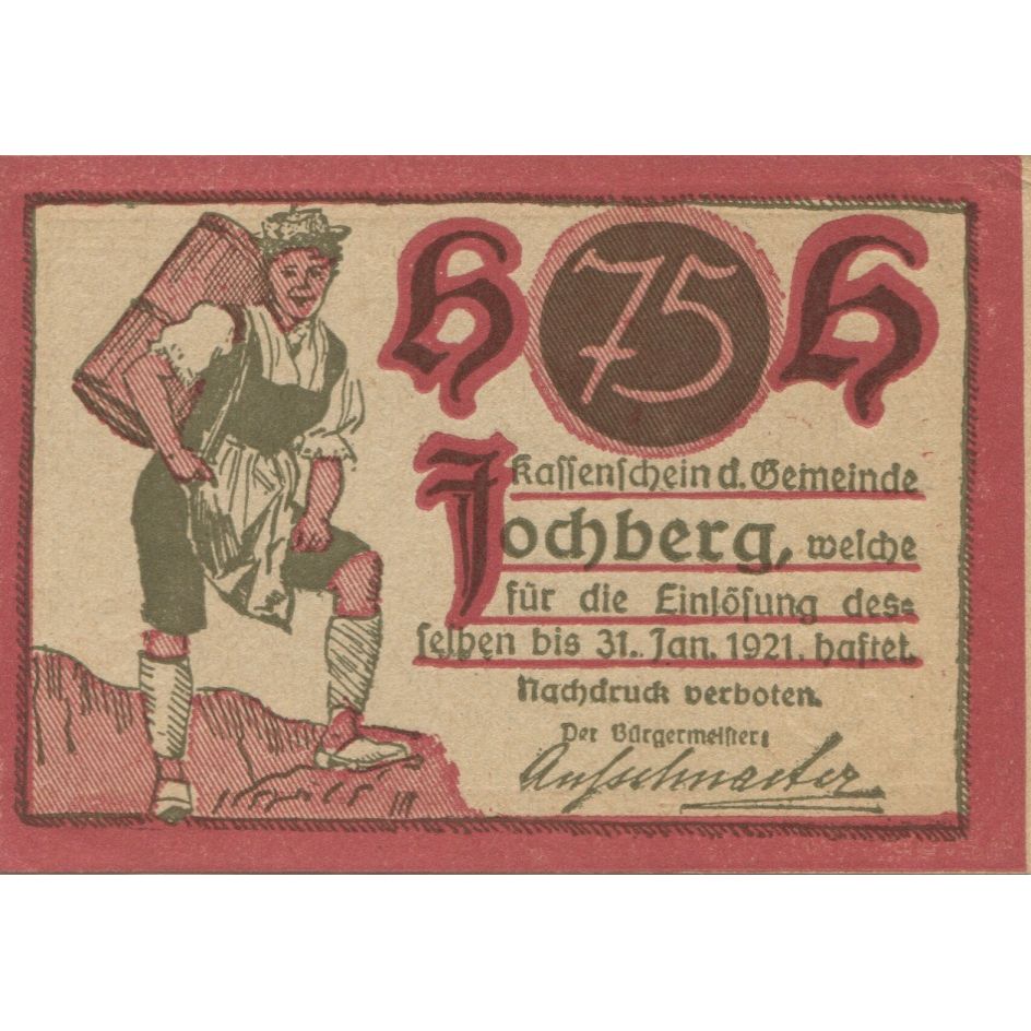 Banknote, Austria, Jochberg, 75 Heller, montagne, 1921 UNC(63) Mehl:FS 419a