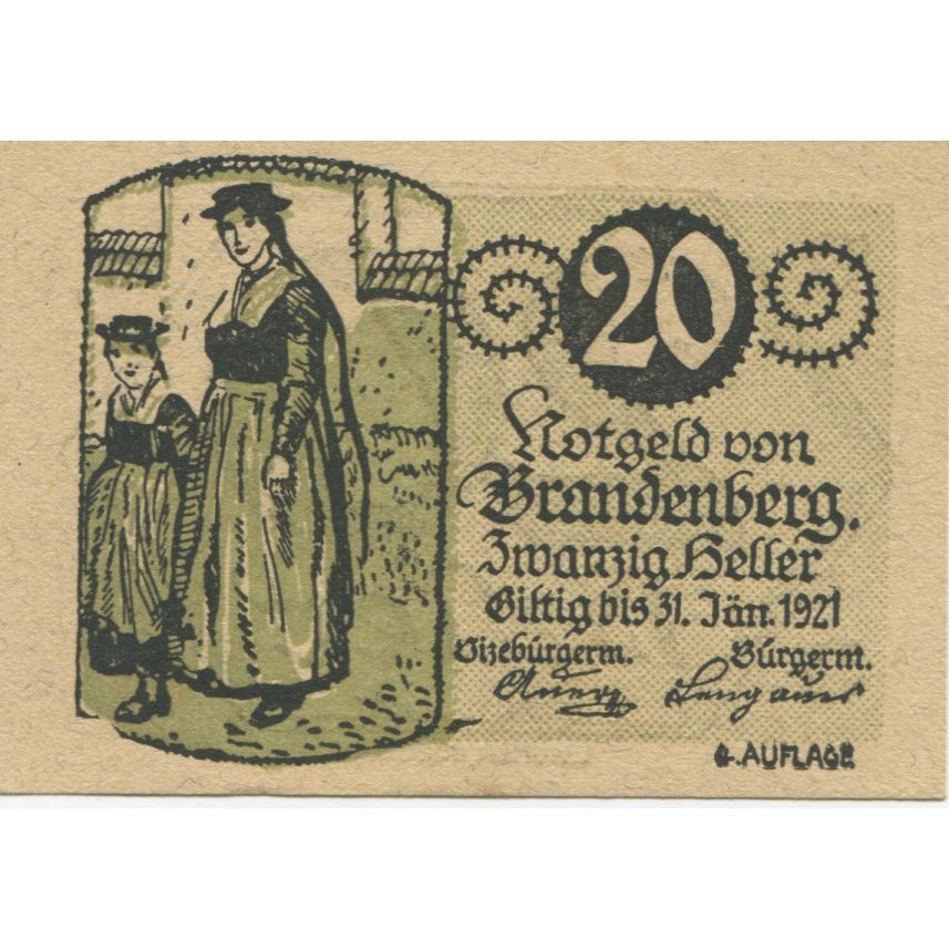 Banknote, Austria, Brandenberg, 20 Heller, personnage, 1920 UNC(63) Mehl:FS 99d