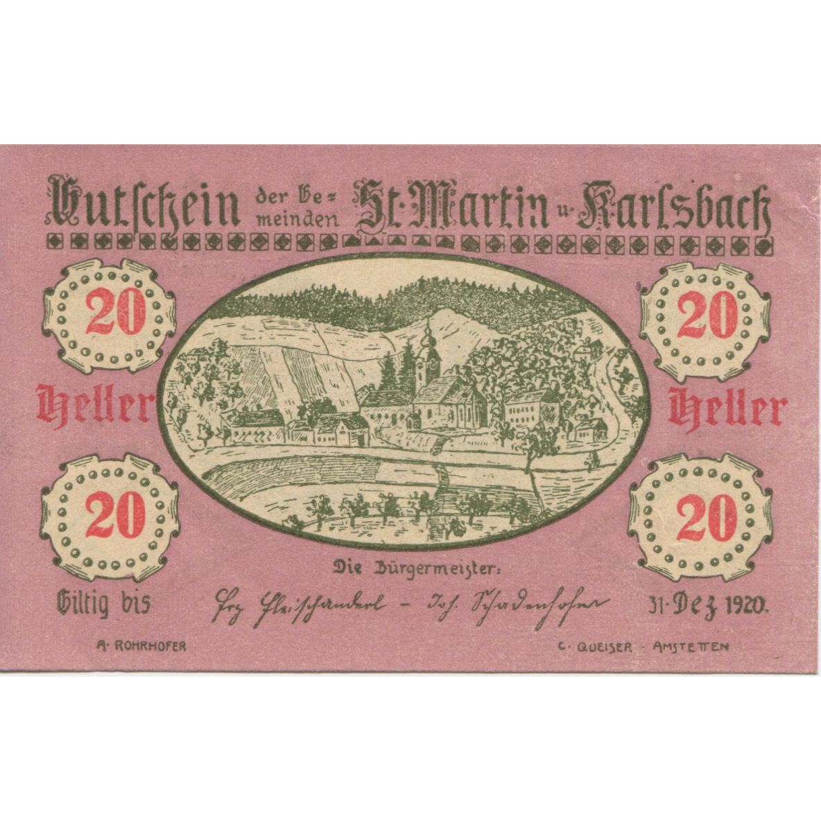 Banknote, Austria, Karlsbach, 20 Heller, château, 1920 UNC(63) Mehl:FS 913a