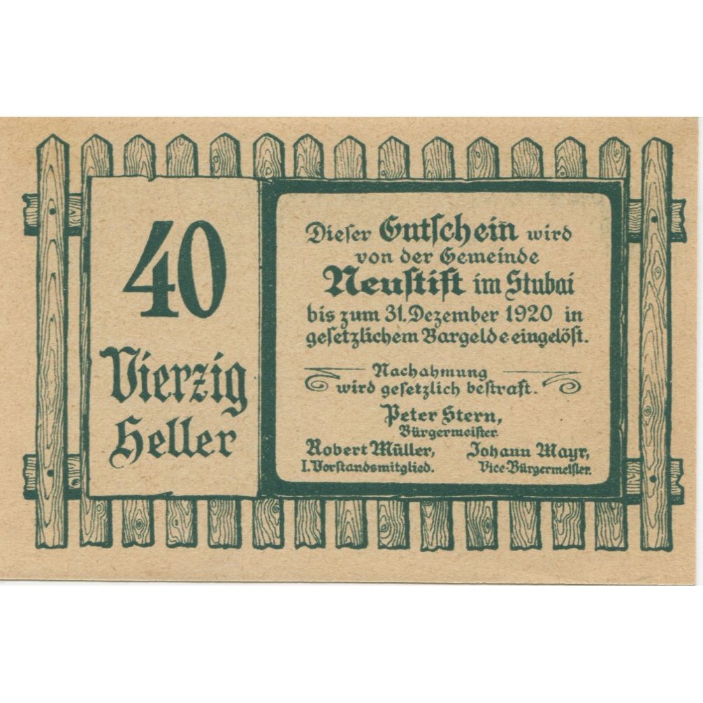 Banknote, Austria, Neustift, 40 Heller, chalet, 1920 UNC(63) Mehl:FS 667
