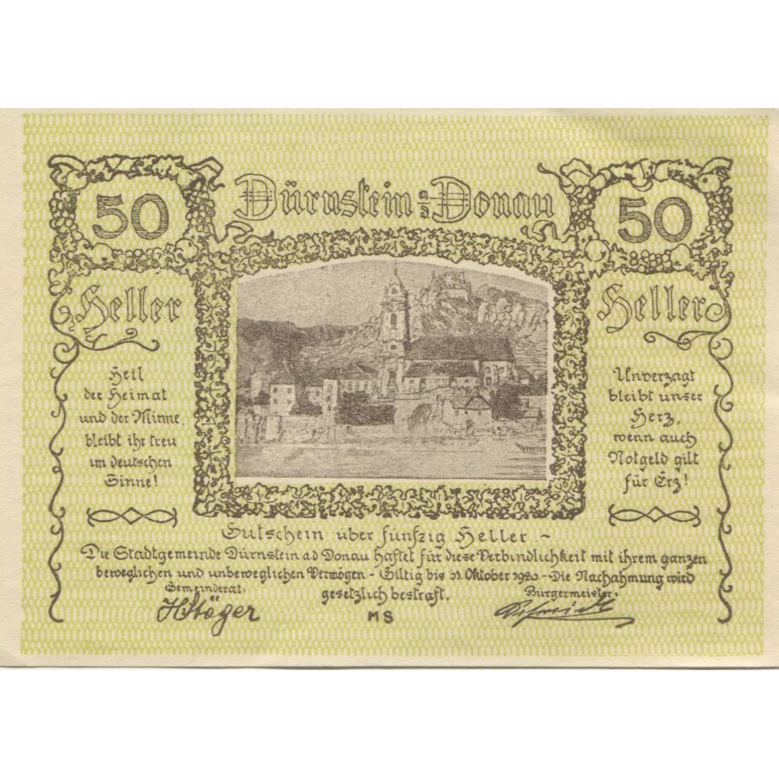 Banknote, Austria, Dürnstein, 50 Heller, village, 1920 UNC(63) Mehl:FS 138