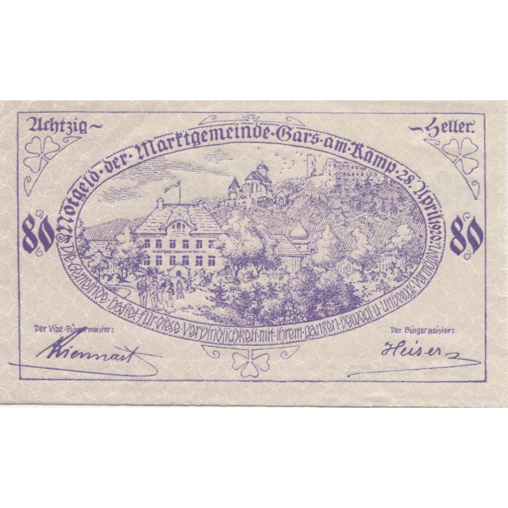 Banknote, Austria, Gars am Kamp, 80 Heller, château, 1920 UNC(63) Mehl:FS 222