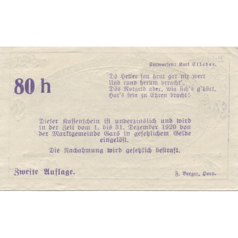 Banknote, Austria, Gars am Kamp, 80 Heller, château, 1920 UNC(63) Mehl:FS 222